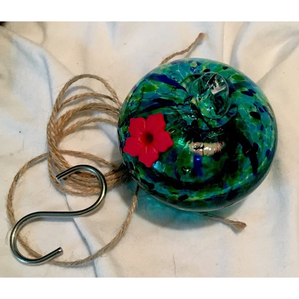 Blue and Green Speckled Hand‎ Blown Art Glass Hummingbird Nectar Feeder & Hanger